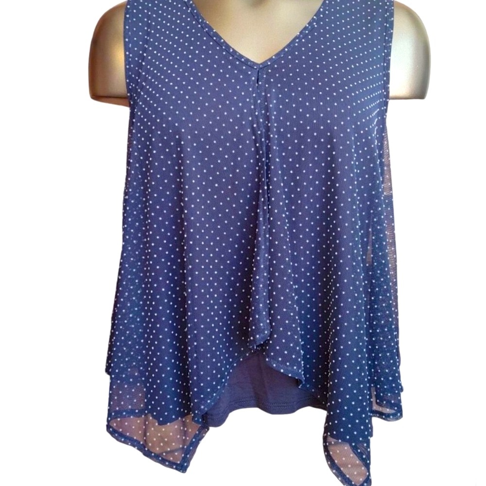 GREEN ENVELOPE, navy blue tank  with sheer blue with white polka dot overlay